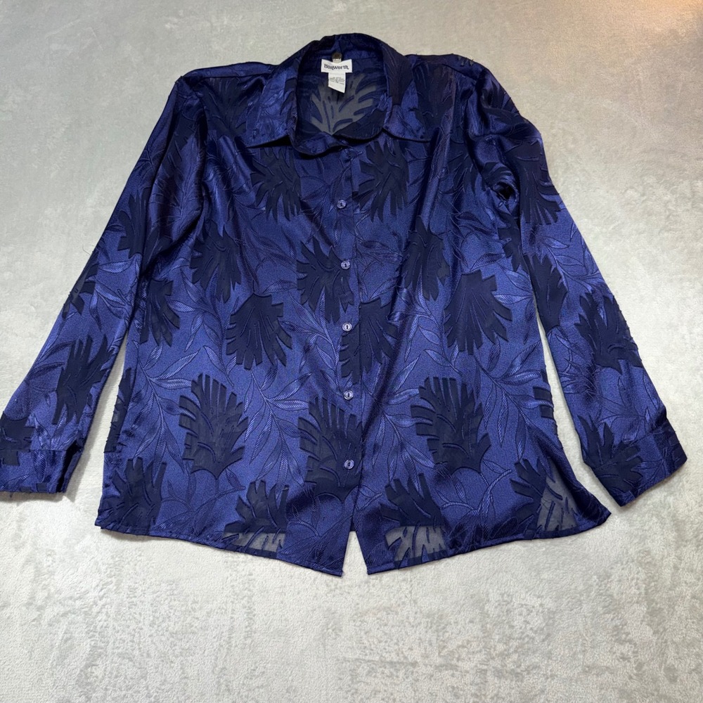 Navy Blue Floral Burnout Devore Button Down Blouse Long Sleeve Sheer Top Vintage
